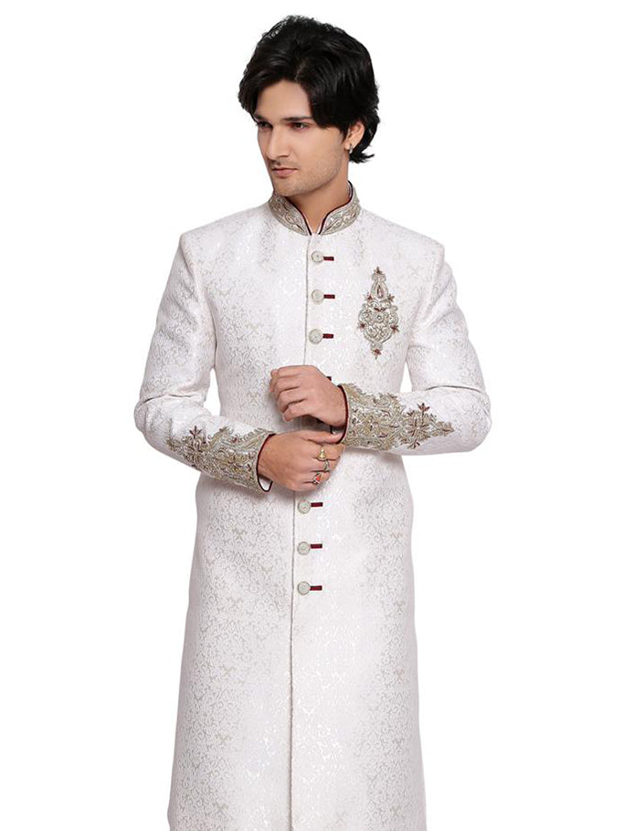 White Sherwani Set with Red Embroidered image 1