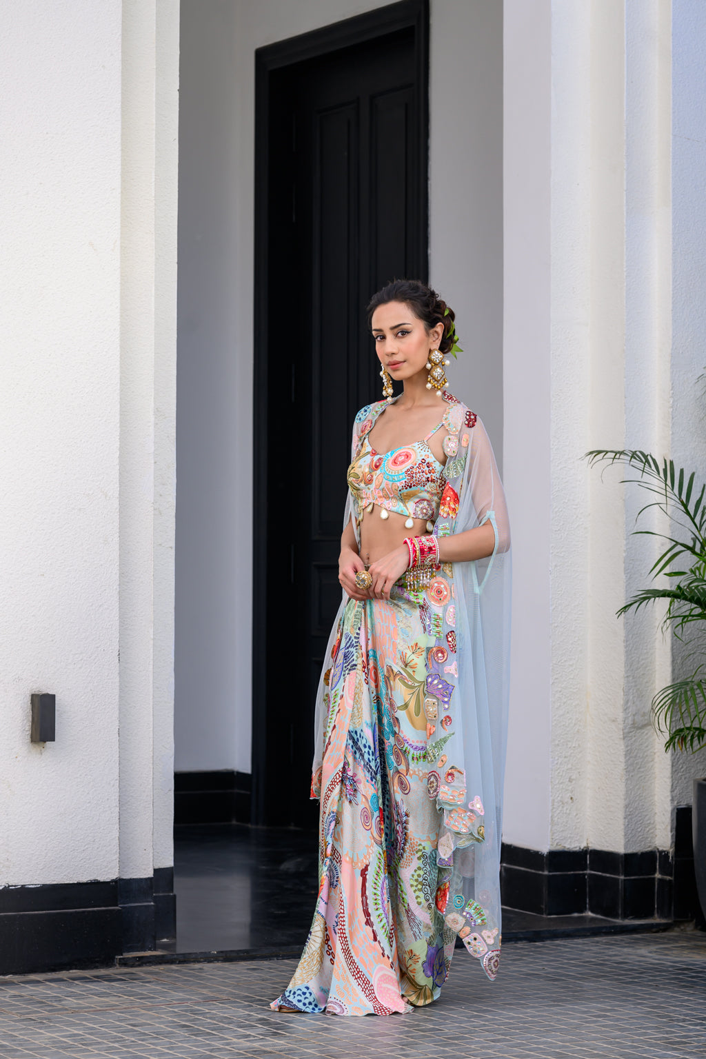 Gardenia Dhoti Skirt Set Paidawn With Highlighted Bralette With Highlighted Applique Cape image 4