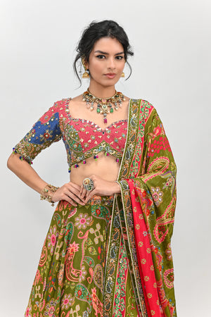 Olive Highlighted Lehenga Paired With Patch Embroidered Badla  Blouse and  Dual Print Highlighted Dupatta image 4