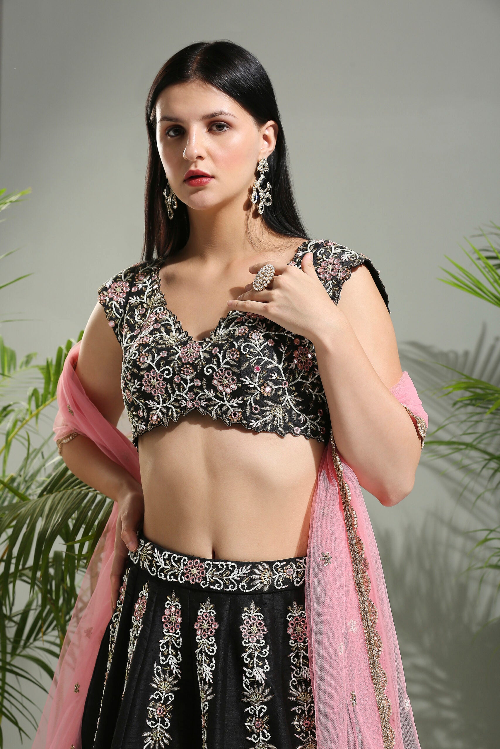 Black and Pink Thread and Mirror Hand Embroidered Lehenga Set image 5