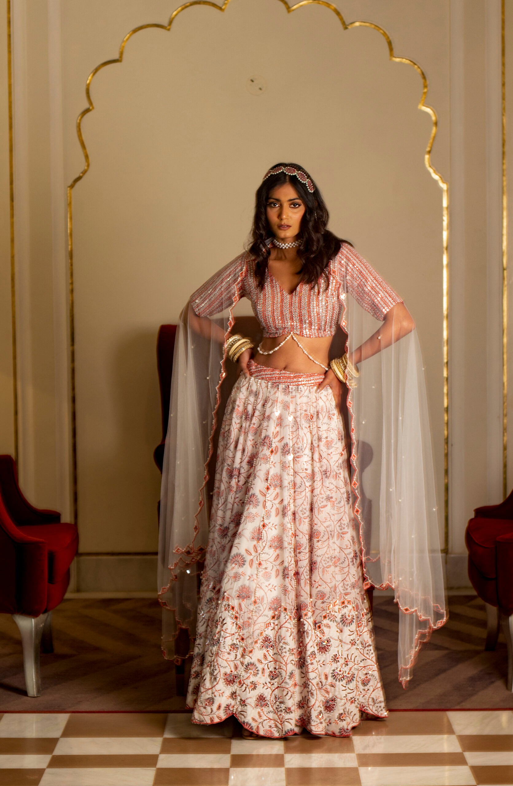 White and Peach Organza Lehenga Set image 2