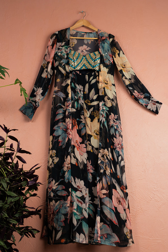 Midnight Blue Floral Blossom Pallazo Pant With Jacket Set - Custom image