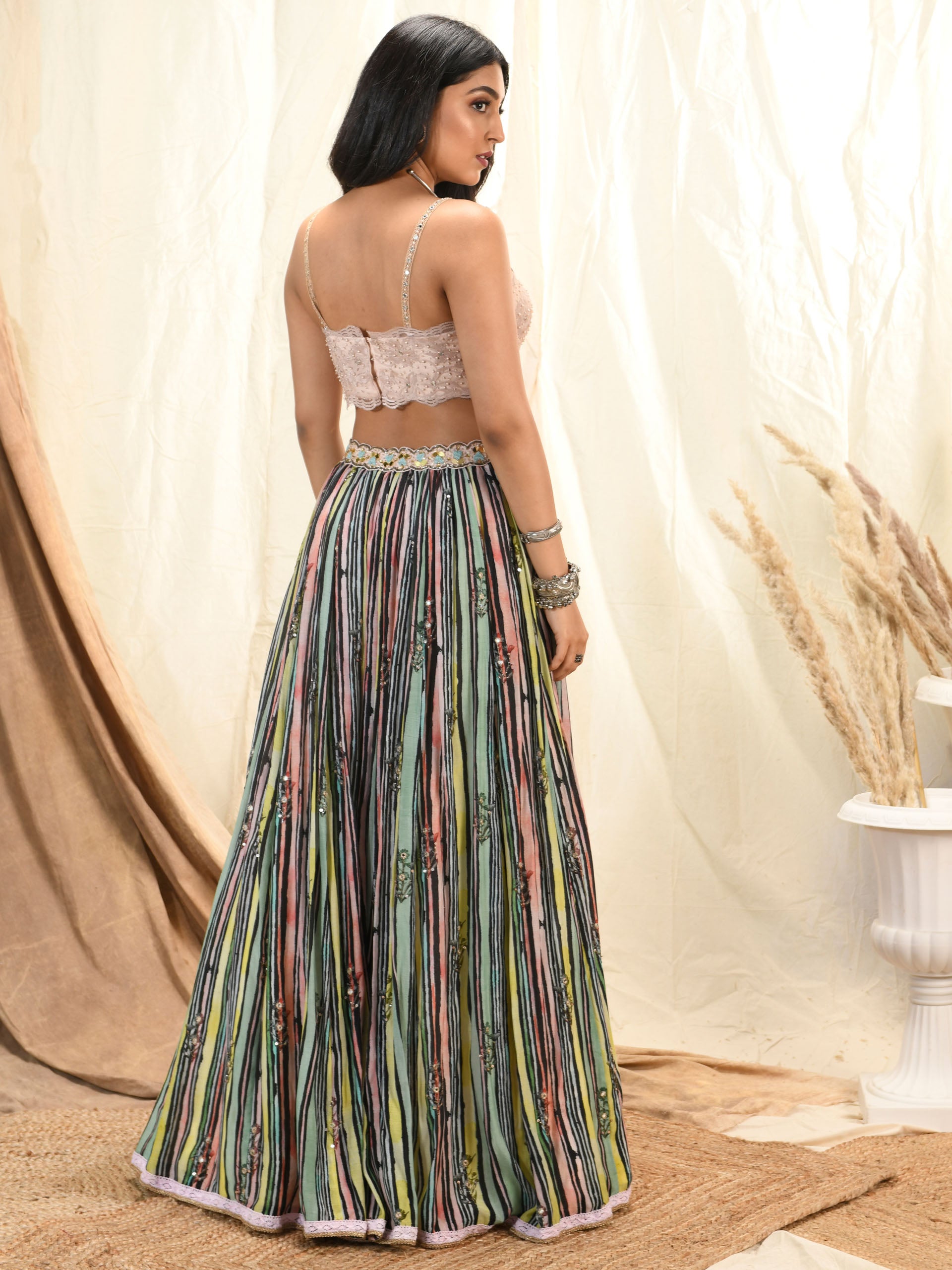 Multicolor Stripe Print Lehenga Set With Cape image 1