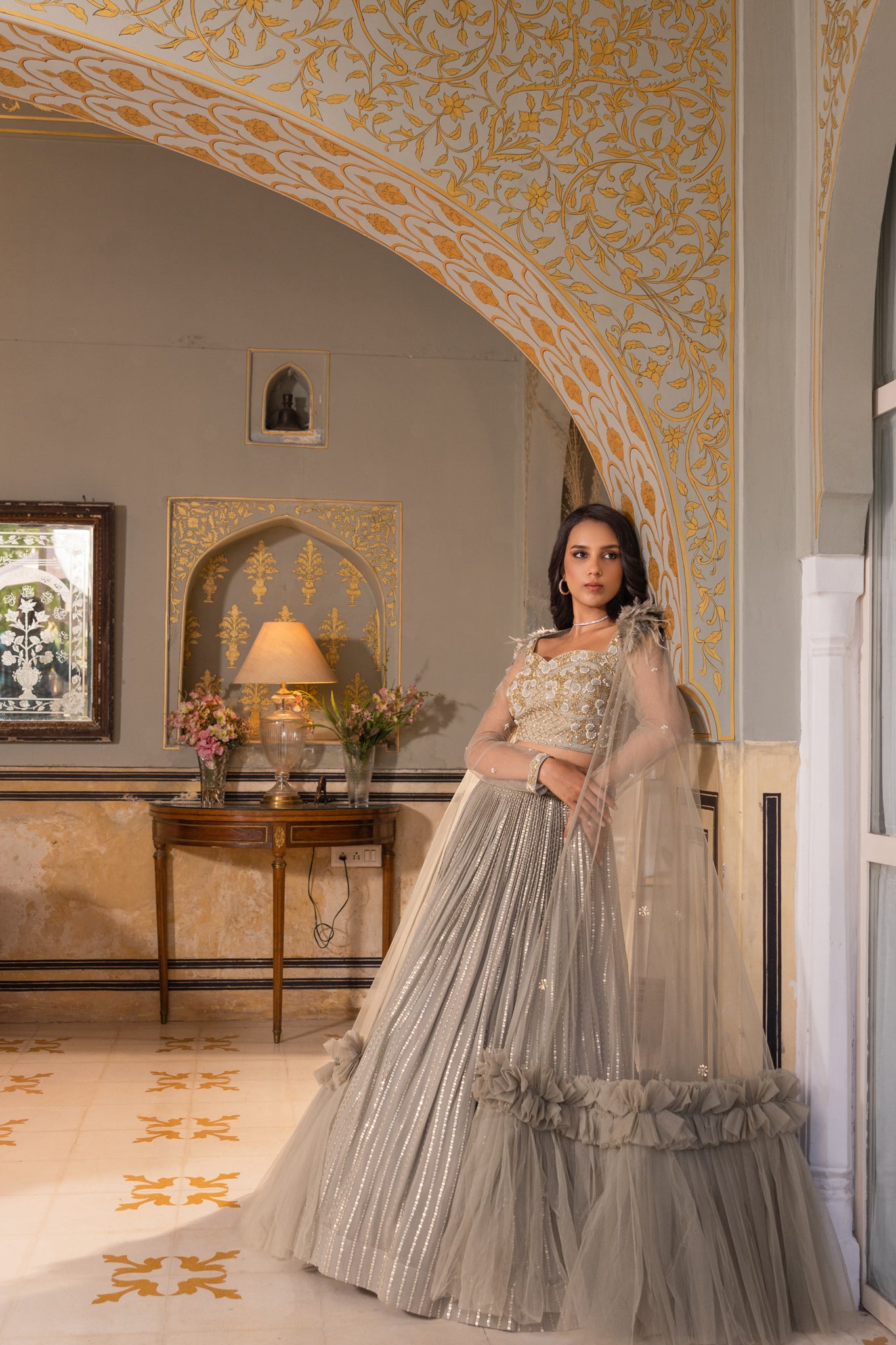 Grey Georgette Sequins Embroidered Blouse Lehenga Set image 3