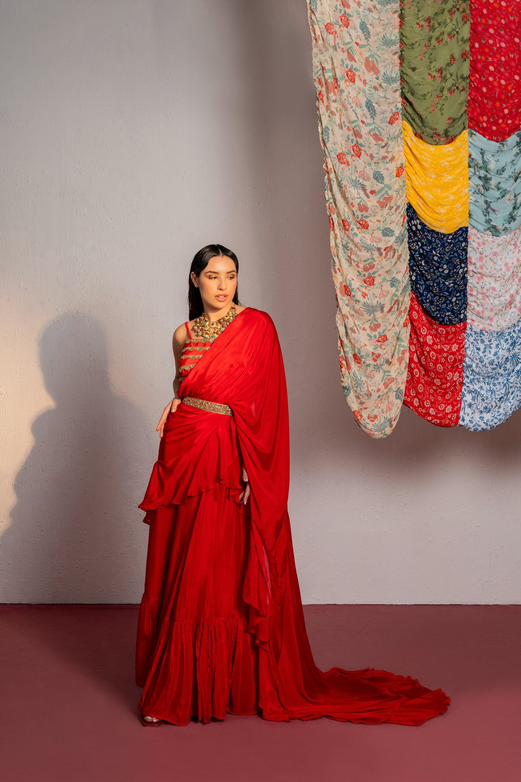Red Embroidered Drape Saree Set - S image