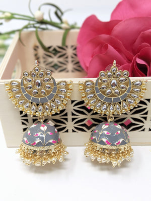 Meenakari Crescent Jhumka - Gray image