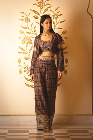 Ajrakh Print Tie-at-Waist Pant Coat Set - Custom image