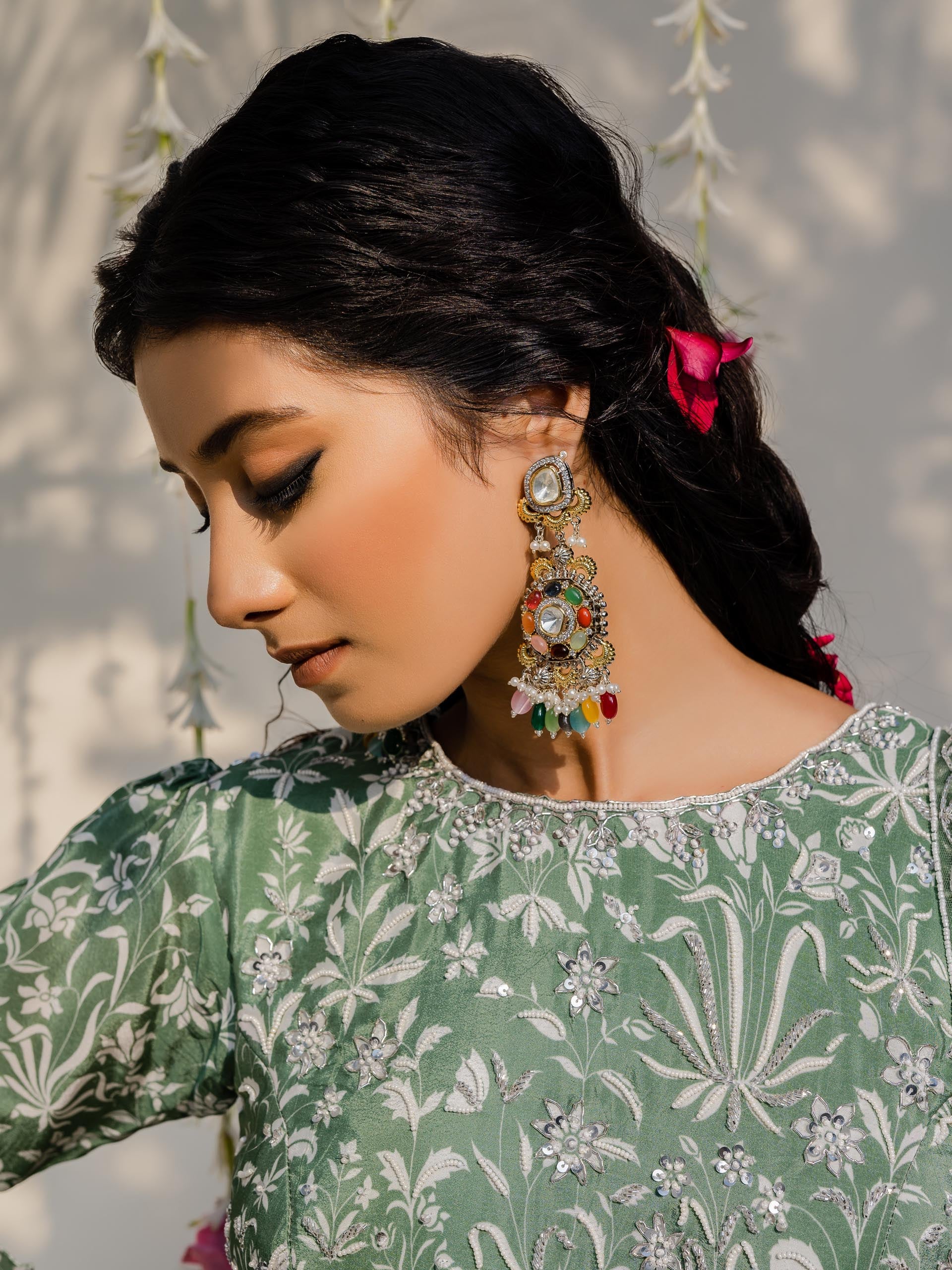 Floral Olive Green Tier Lehenga Set image 1