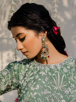 Floral Olive Green Tier Lehenga Set image 1