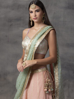 Peach Chanderi Lehenga with Gold Choli image 4
