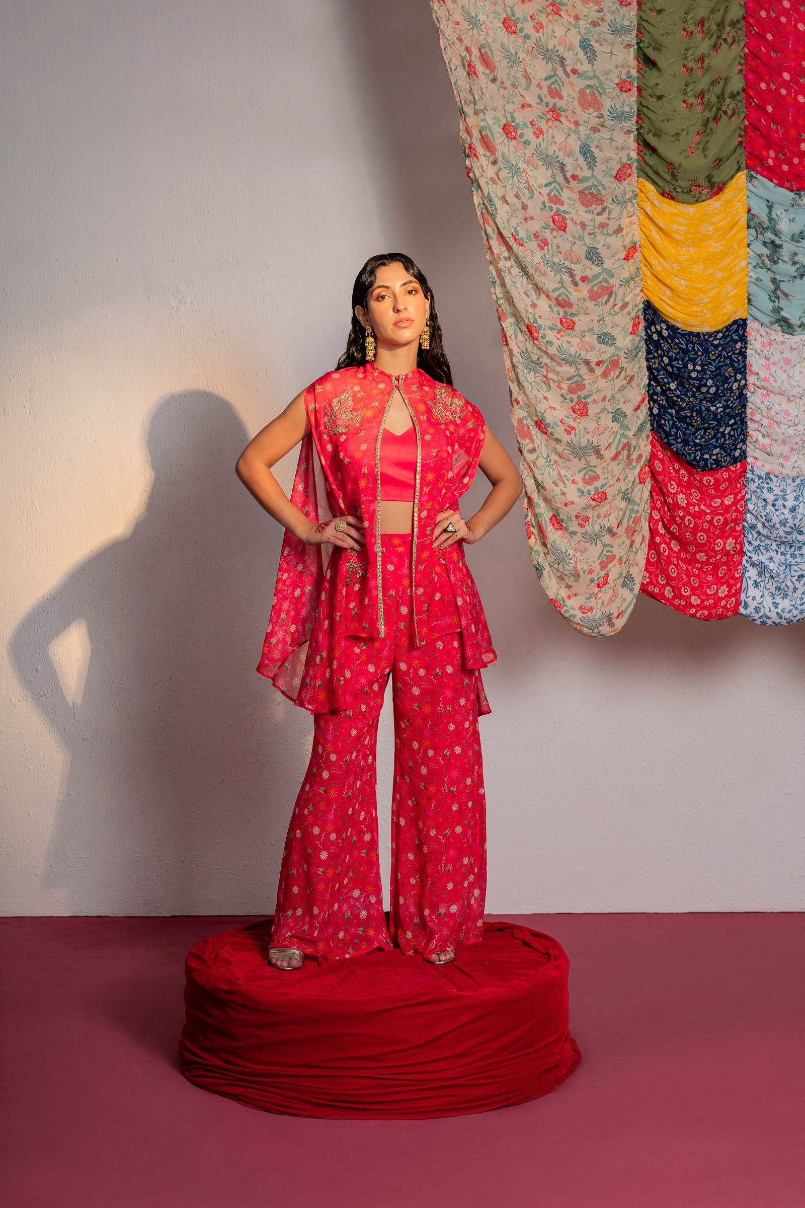 Hot Pink Printed And Embroidered Cape And Pants Set - XL image