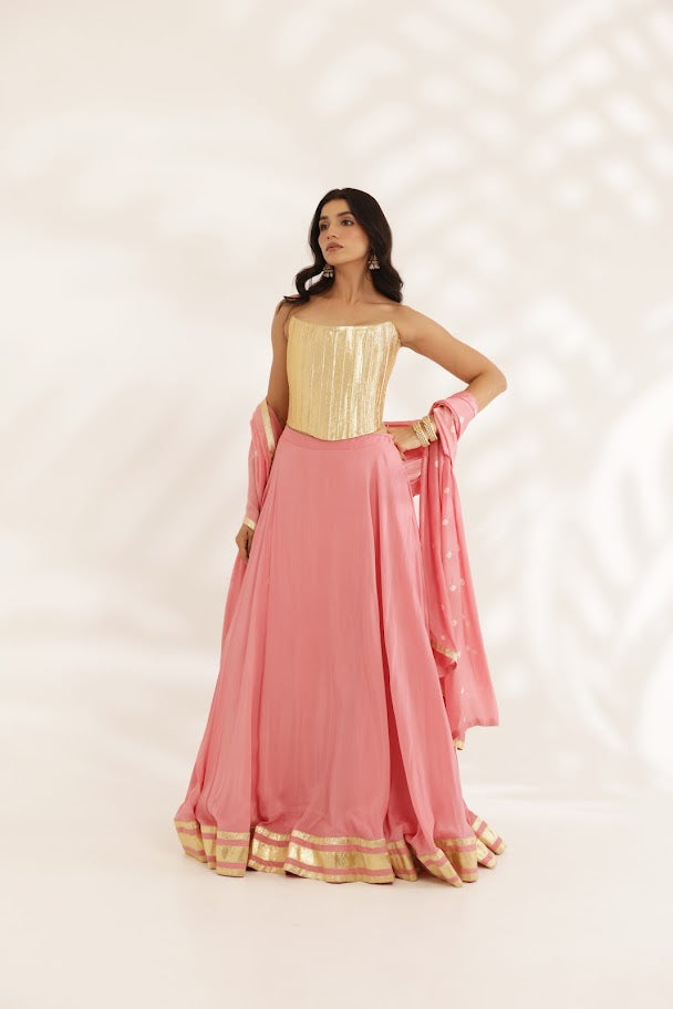 Coral Peach Crepe Lehenga With Gotta Corset - M image