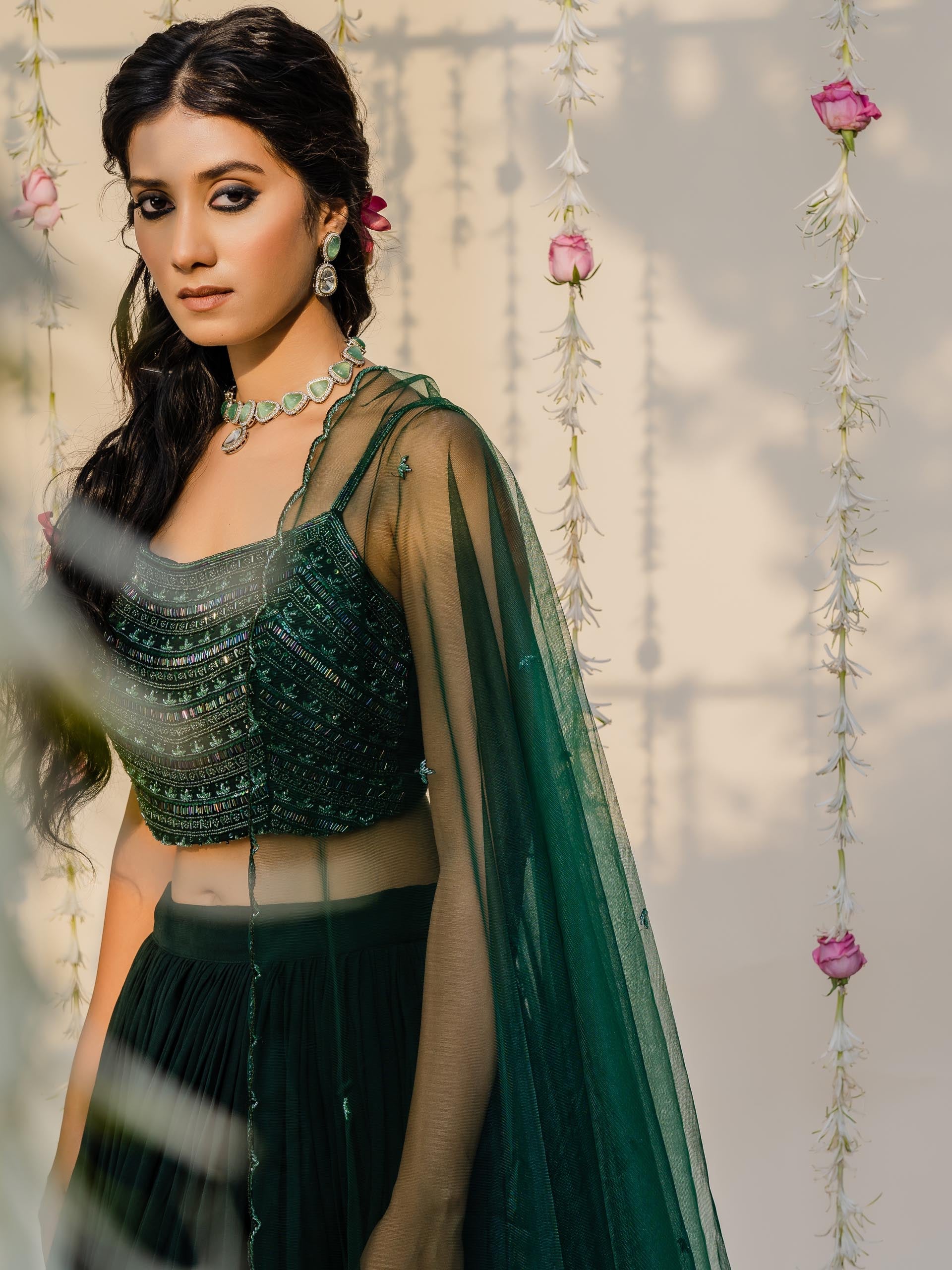 Bottle Green High-Low Lehenga Set image 3