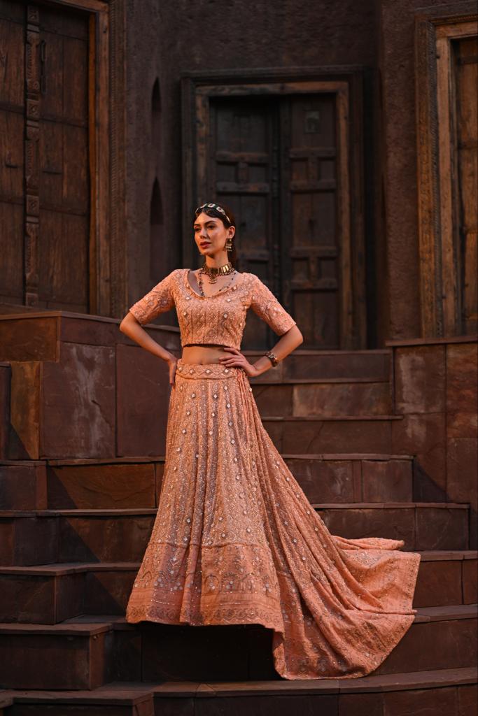 Peach Chikankari Lehenga Set image 0