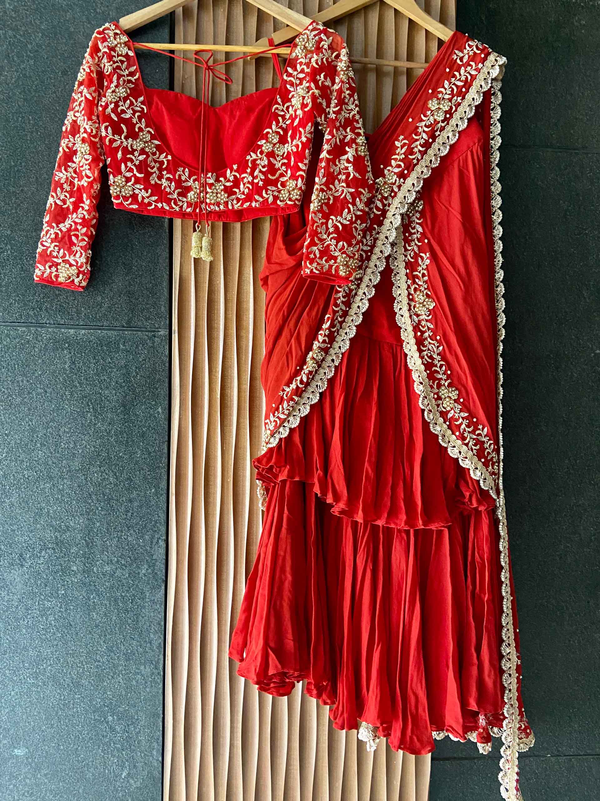 Red Ruffled Embroidered Pre-stitched Saree Set image 3
