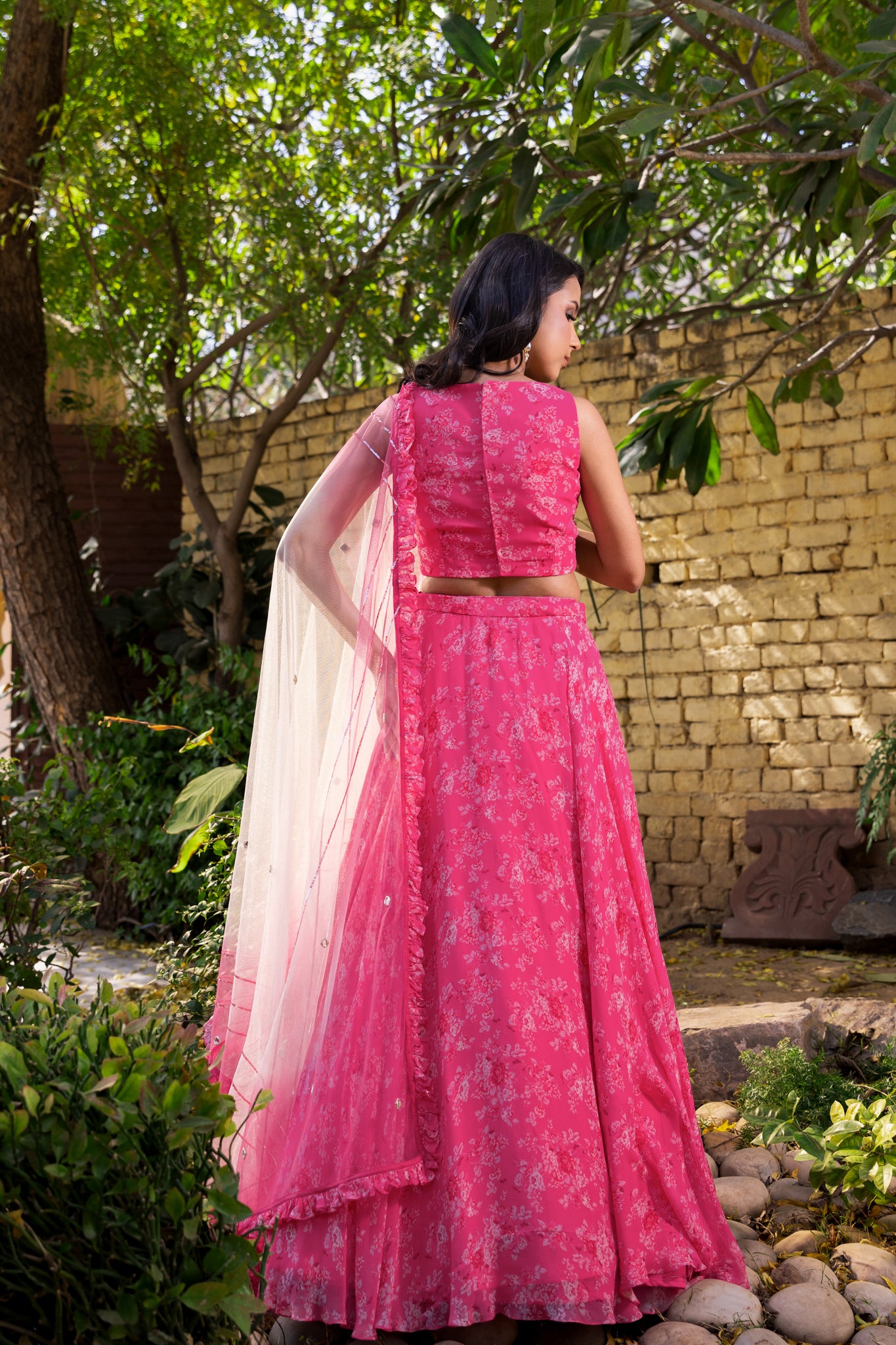 Pink Georgette &amp; Net Printed Lehenga Set image 5