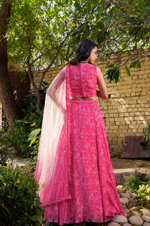 Pink Georgette &amp; Net Printed Lehenga Set image 5