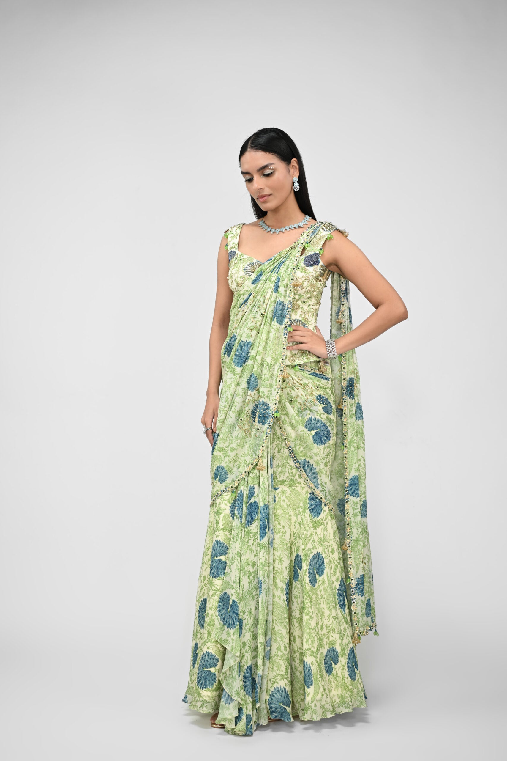 Peacock Highlighted Pre Stitched Saree Paired with Highlighted Corset Blouse image 1
