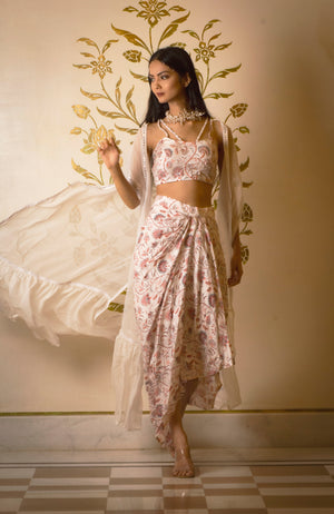 White Printed Drape Skirt Set image 0