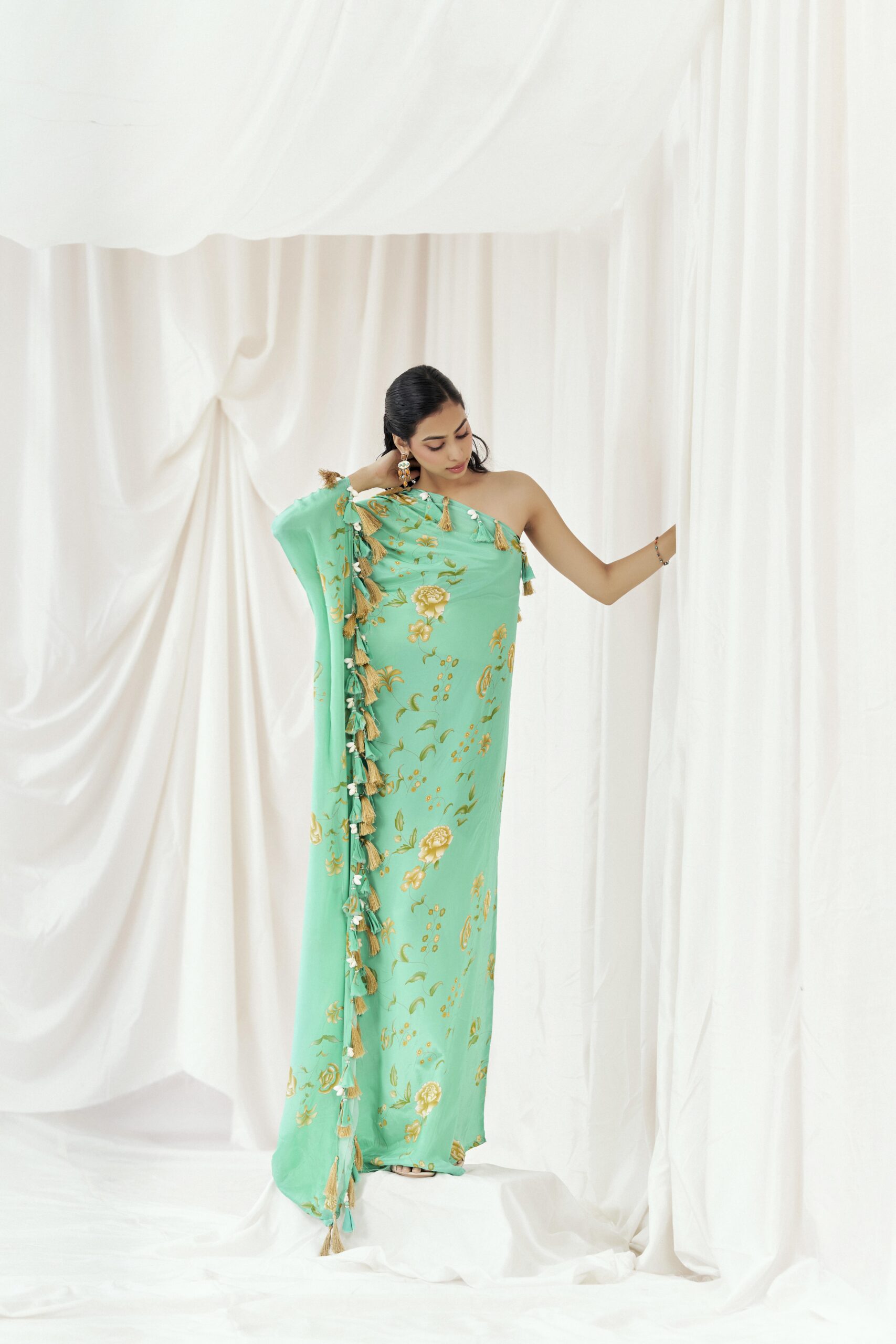 Turquoise Blue Printed Beaded Kaftan image 6