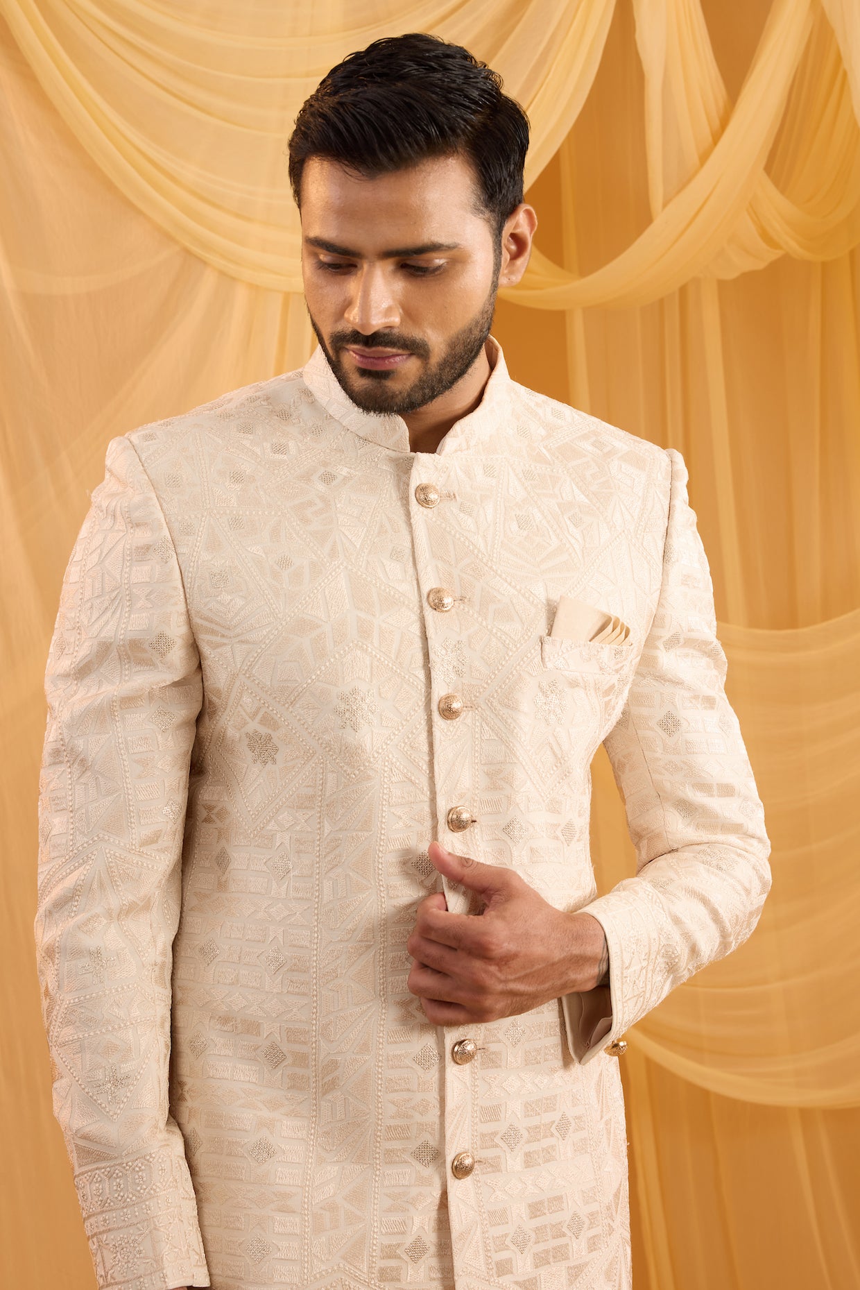 Cream Lucknowi Embroidered Sherwani Set image 0