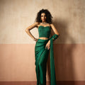 Pre-Draped Emerald Green Hand Embroidered Satin Saree With Corset Blouse image 0