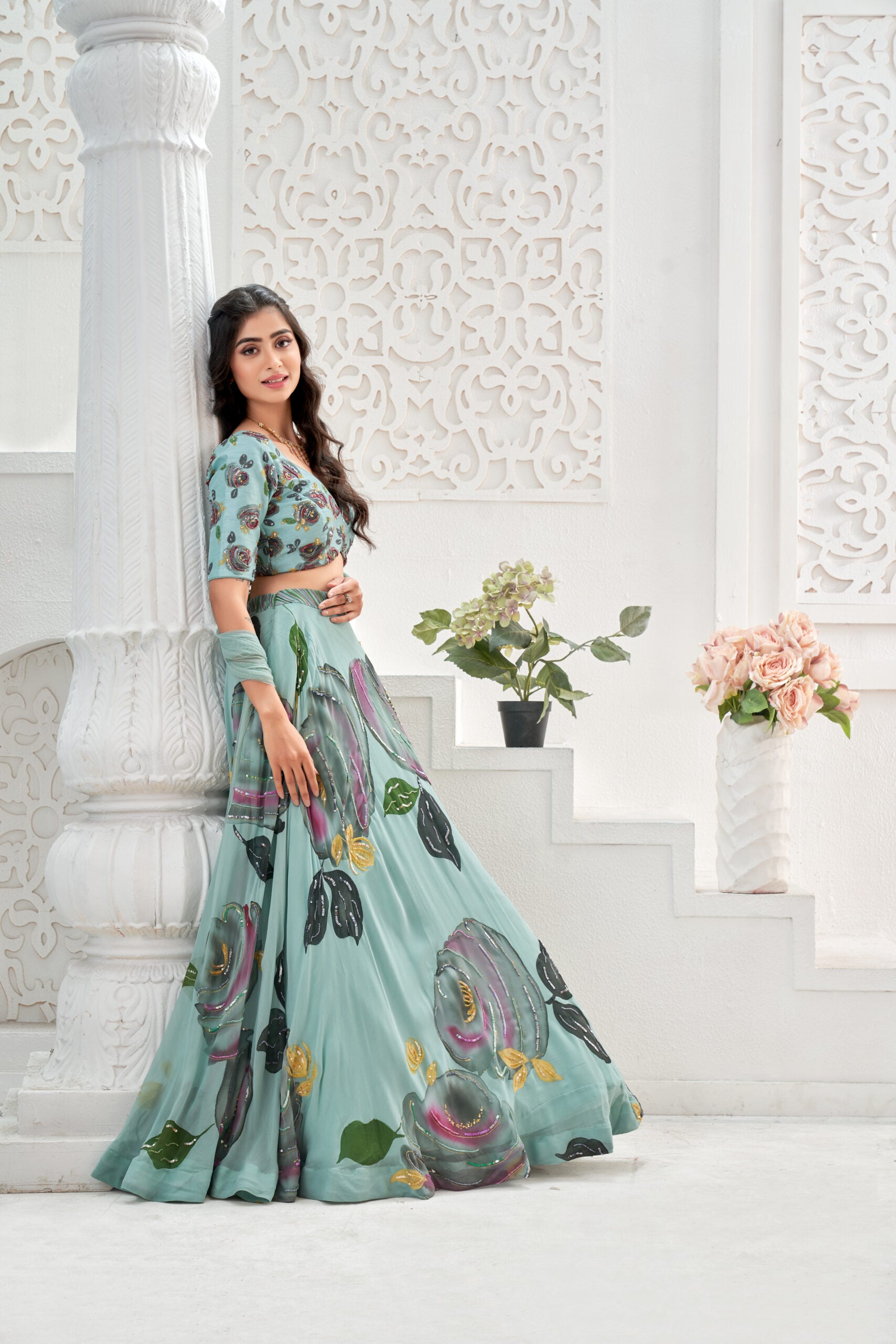 Dusty Blue hand painted lehenga set image 2
