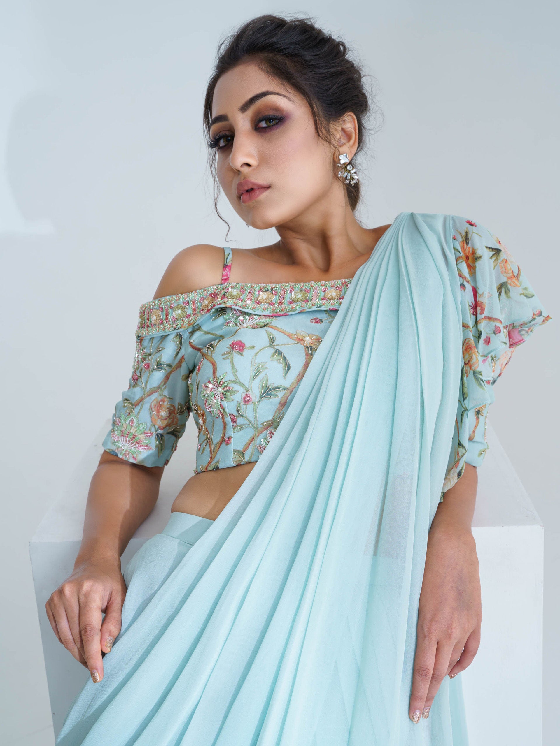 Pre Drape Light Blue Ruffle Saree Set image 3