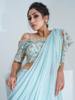 Pre Drape Light Blue Ruffle Saree Set image 3