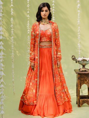 Rust Orange Garden Lehenga Set with Cape - M image