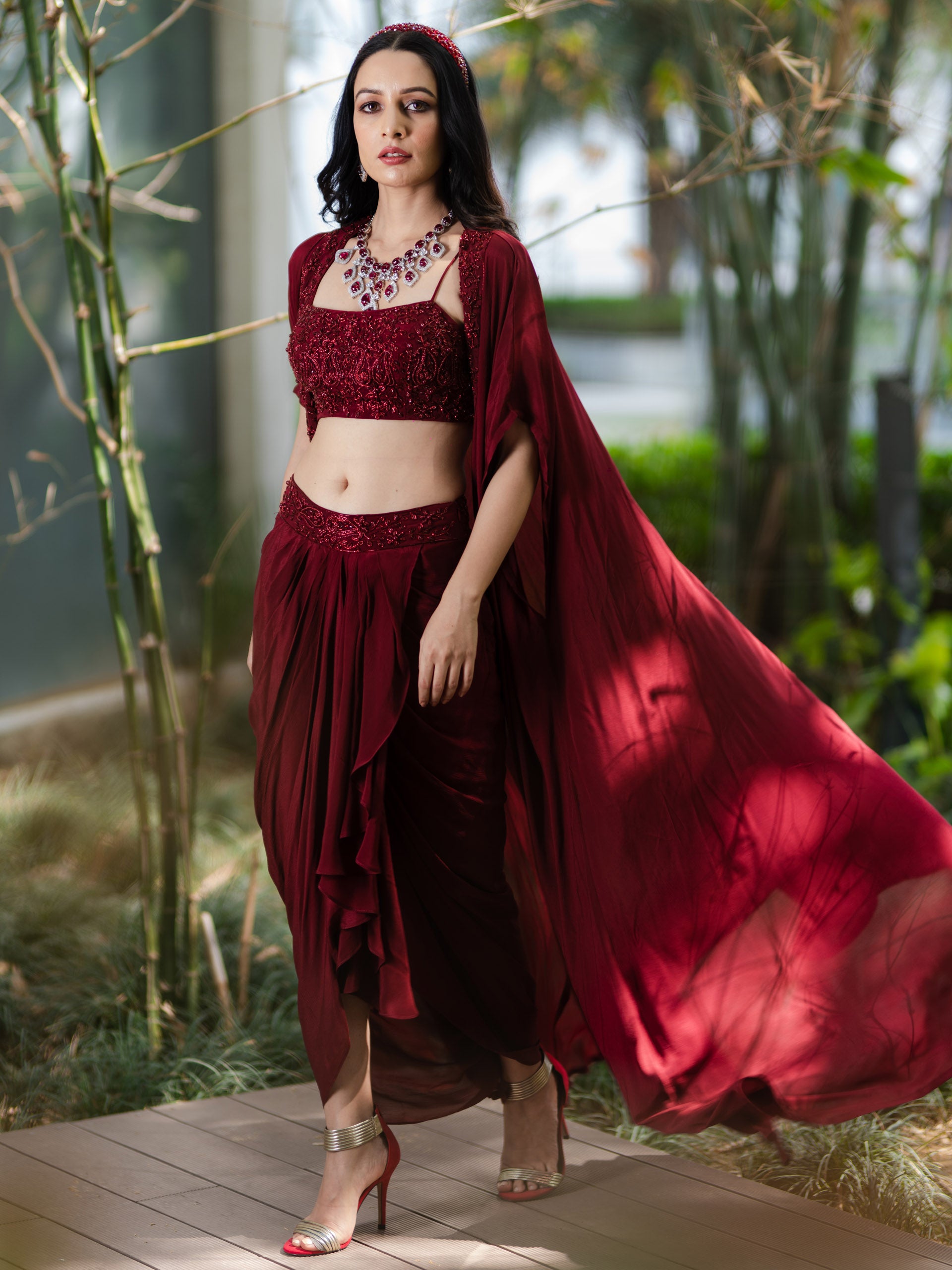 Maroon Aarna Drape Skirt Set with Cape image 4