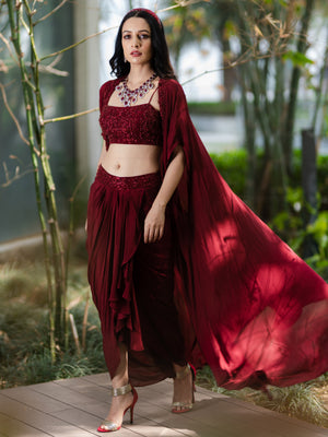 Maroon Aarna Drape Skirt Set with Cape image 4