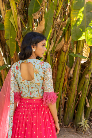Coral Flair Sleeve Georgette &amp; Net Embroidered Lehenga Set image 3