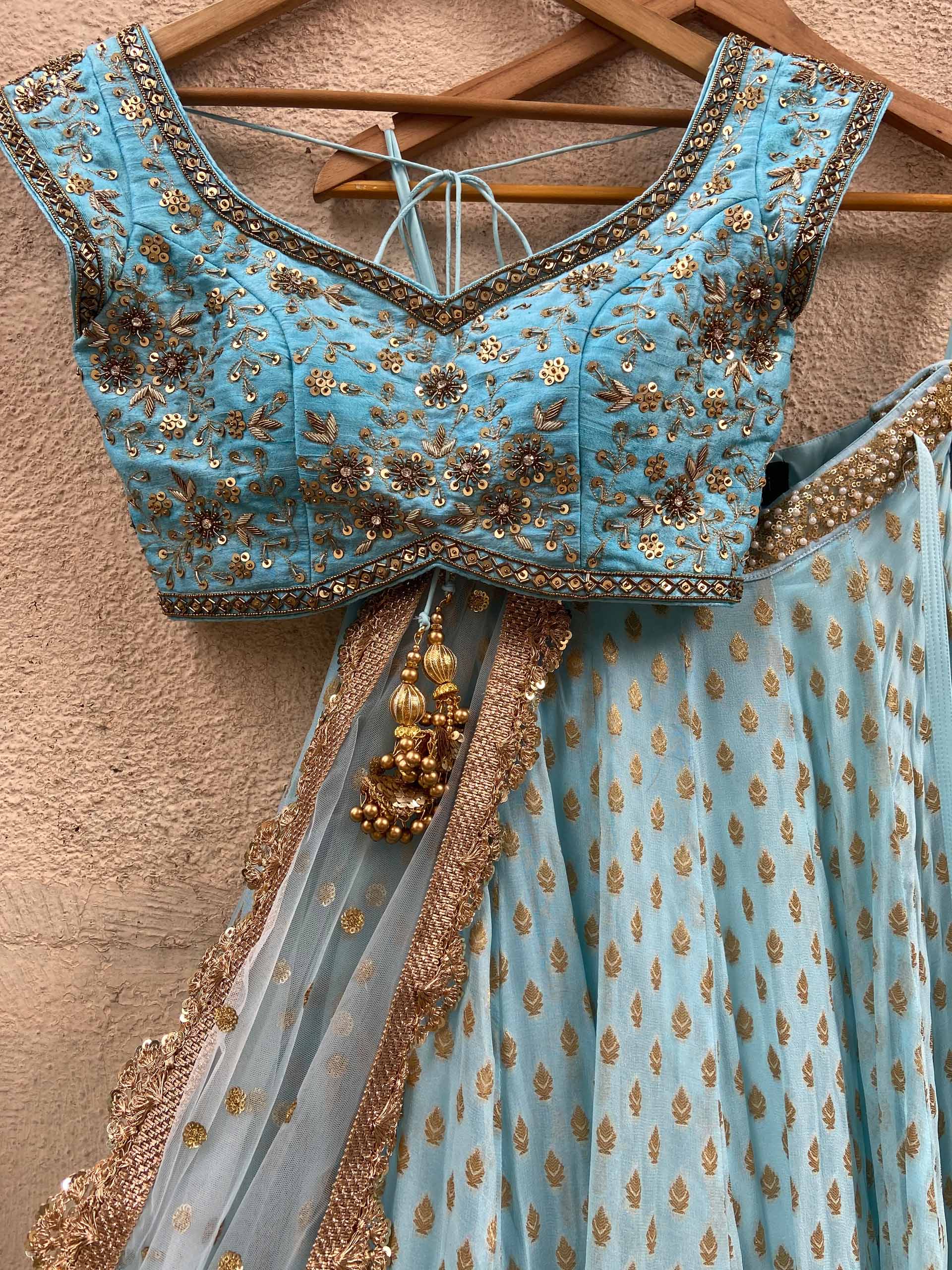 Powder Blue Sharmily Zari Lehenga Set image 5