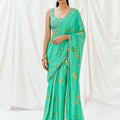 Turquoise Printed Embroidered Drape Saree Set image 0