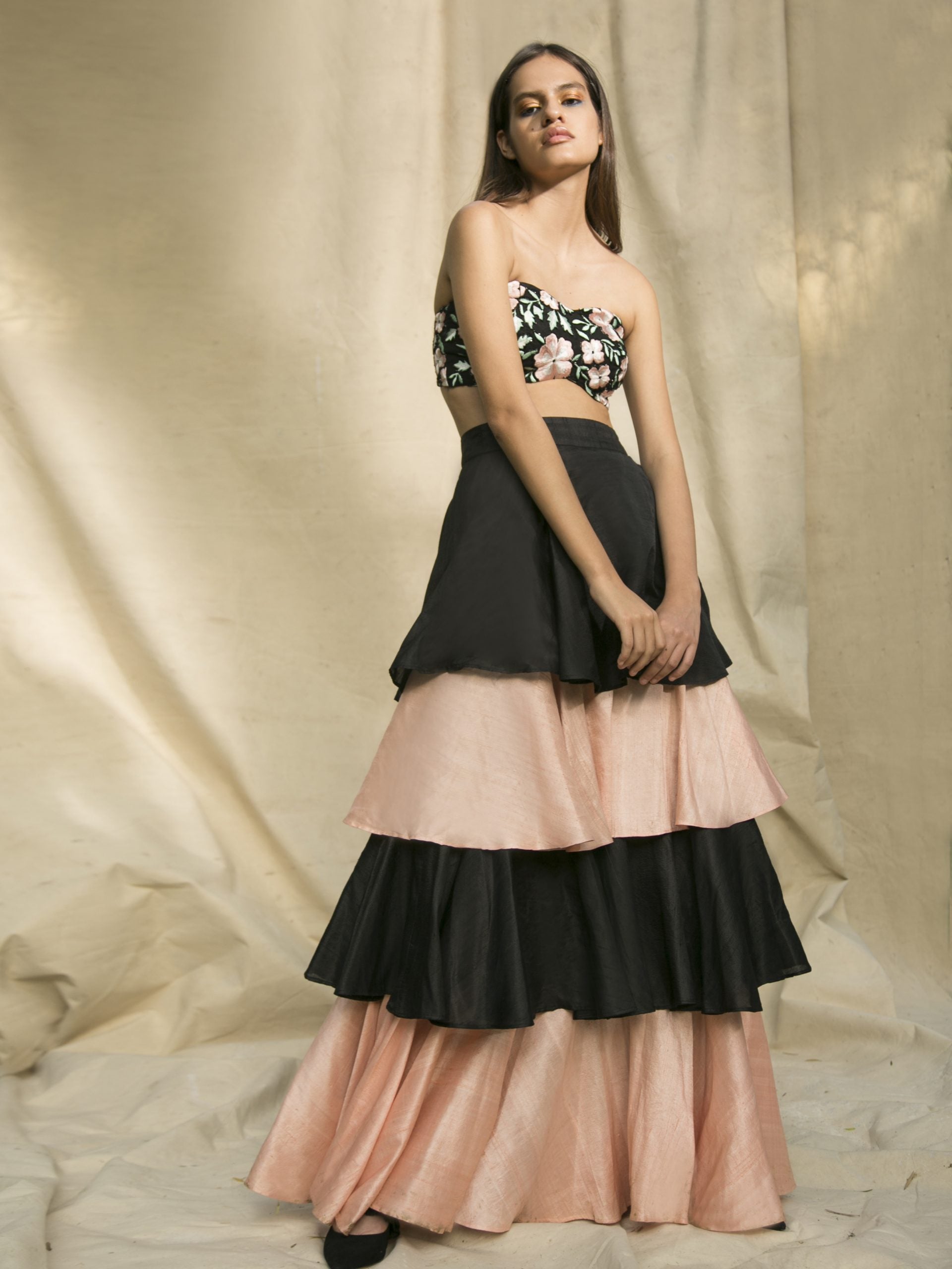 Black and Peach Bustier Embroidered Blouse with Ruffled Lehenga Set - XS image