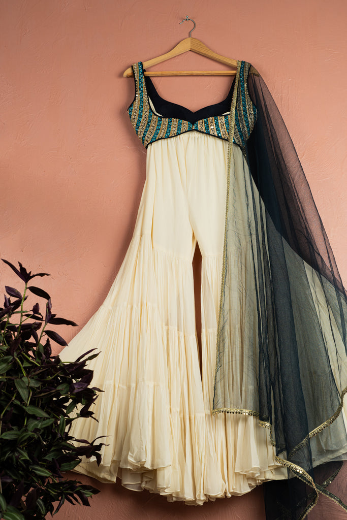 Ivory Midnight Blue Mirror Magic Sharara Set image 1