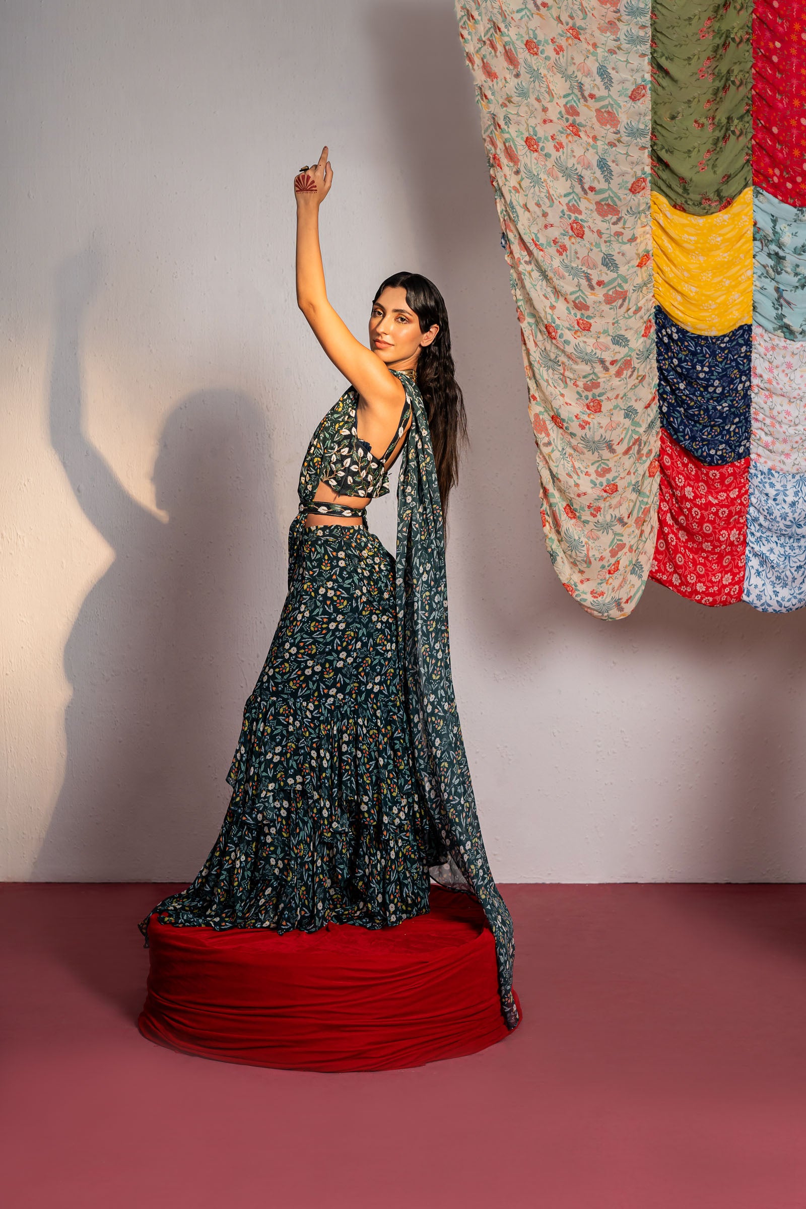 Royal Green Printed And Embroidered Drape Saree Set image 1