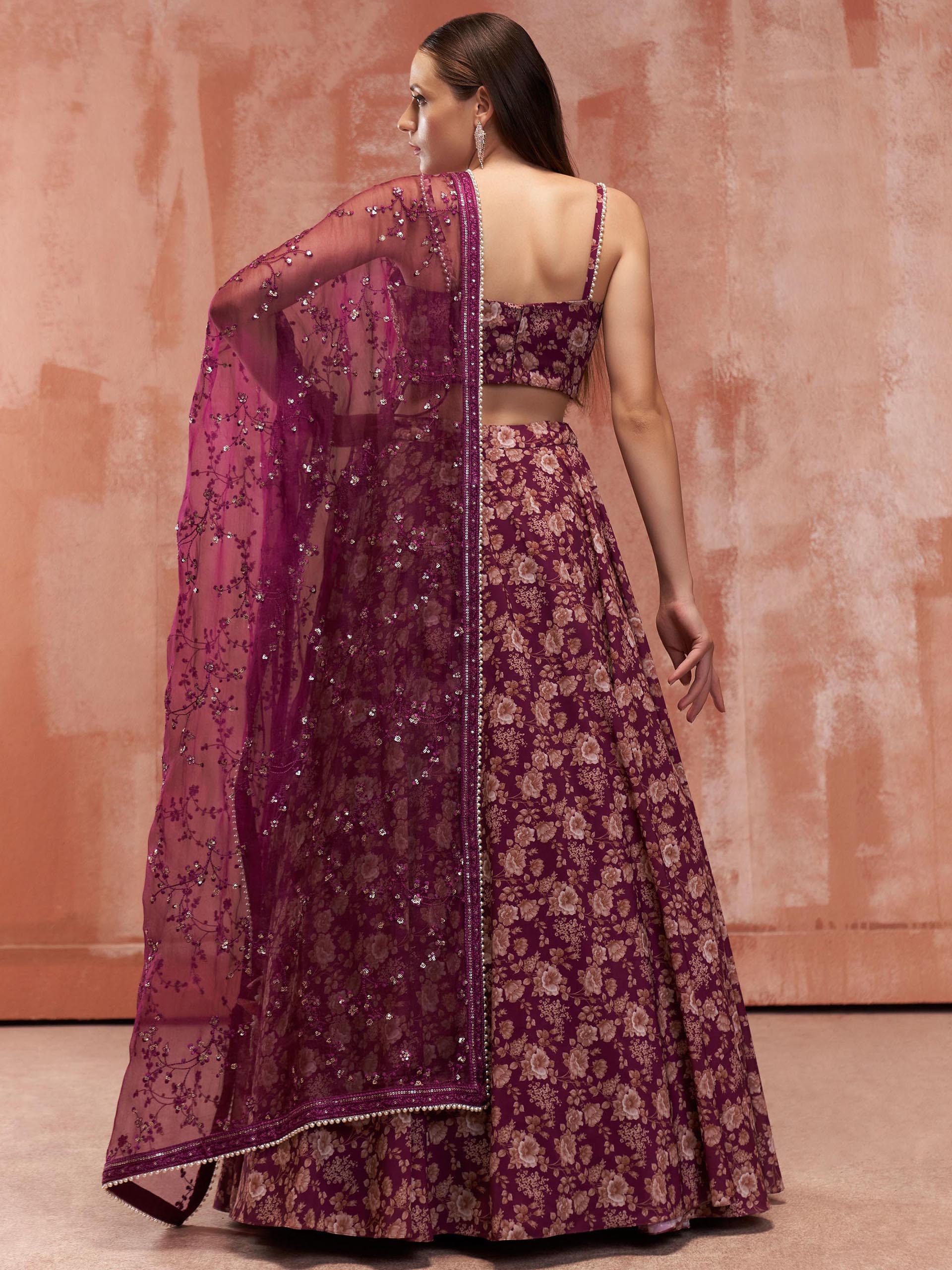 Wine Floral Print Co-Ord Lehenga Set image 3