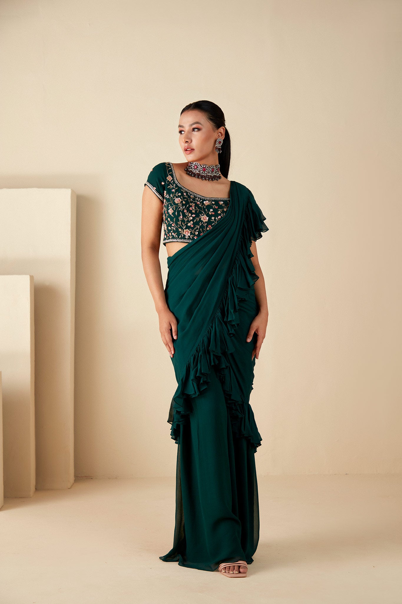 Green Georgette Crepe Ruffle Pant Saree image 4