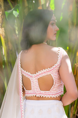 White &amp; Pink Georgette Thread Embroidered Lehenga Set image 3