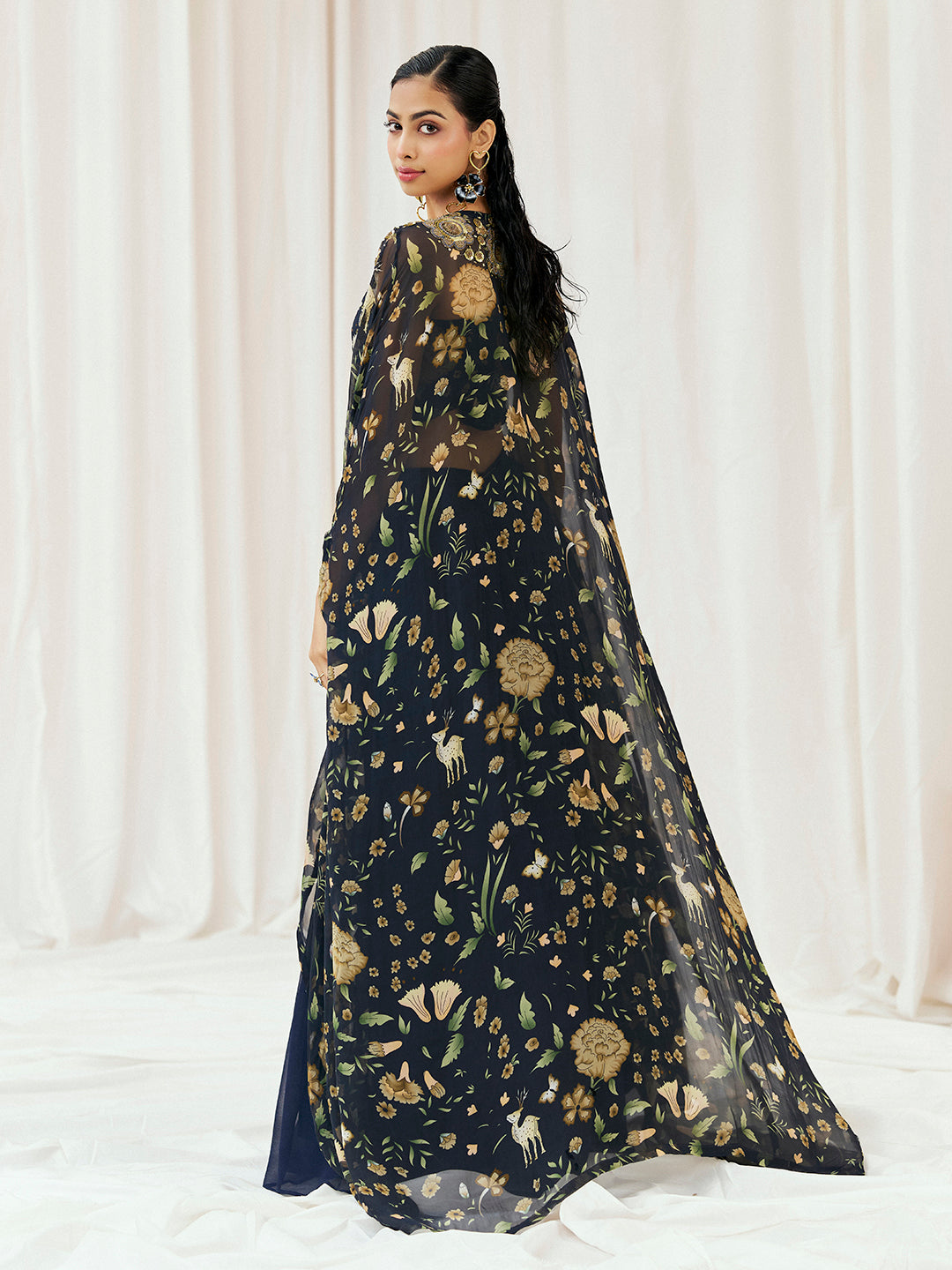 Navy Blue Printed Embroidered Lehenga Set with Cape image 7