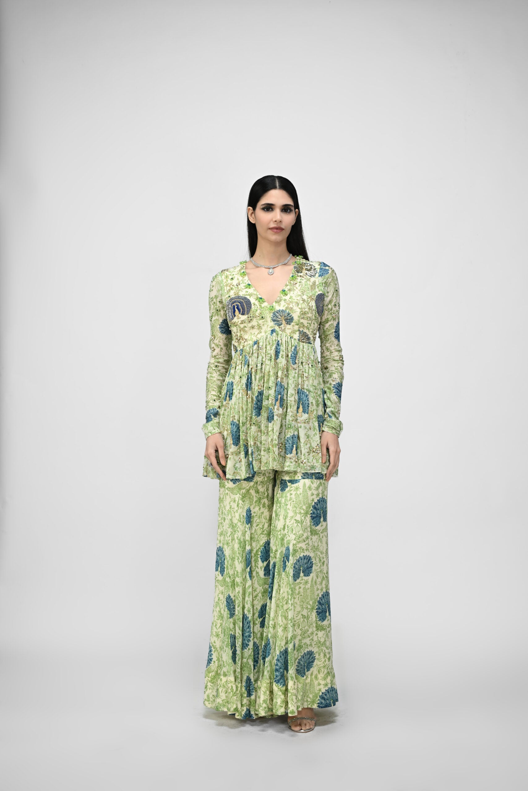 PEACOCK HIGHLITED PEPLUM KURTA PAIRED WITH PEACOCK SHARARA PANTS image 1