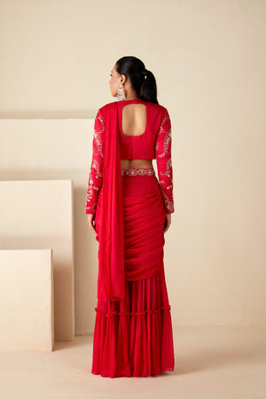 Red Pre-Drape Sharara Saree image 2