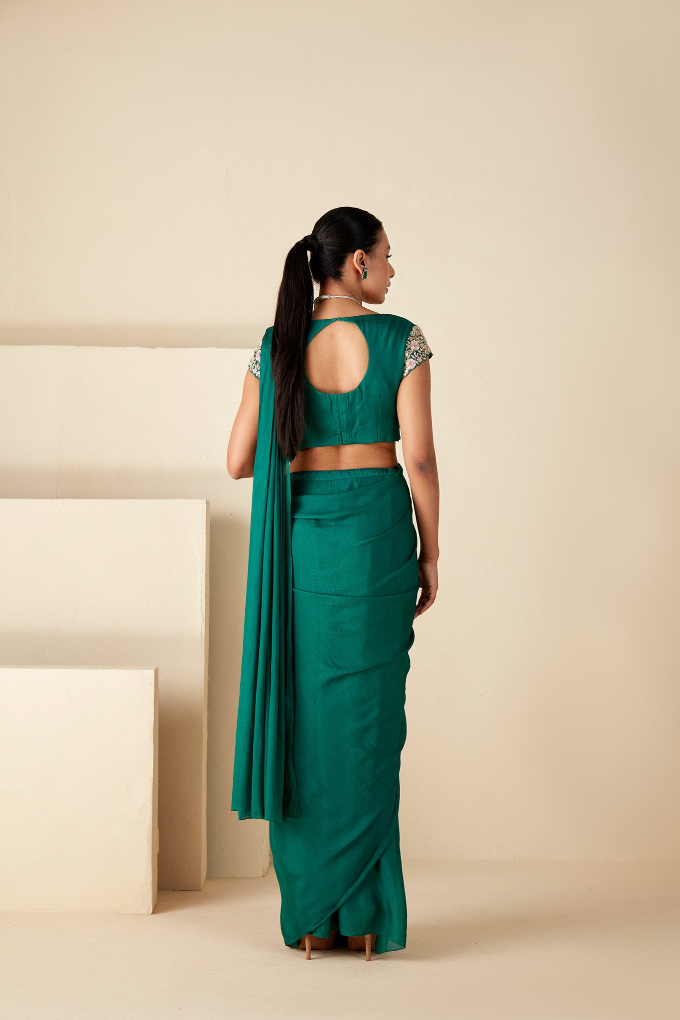 Green Embroidered Pre-Drape Saree image 1