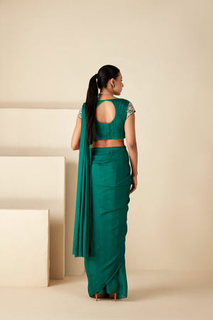 Green Embroidered Pre-Drape Saree image 1