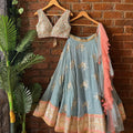 Dusty Blue and Blush Pink Mirror Work Lehenga Set Gown image 0