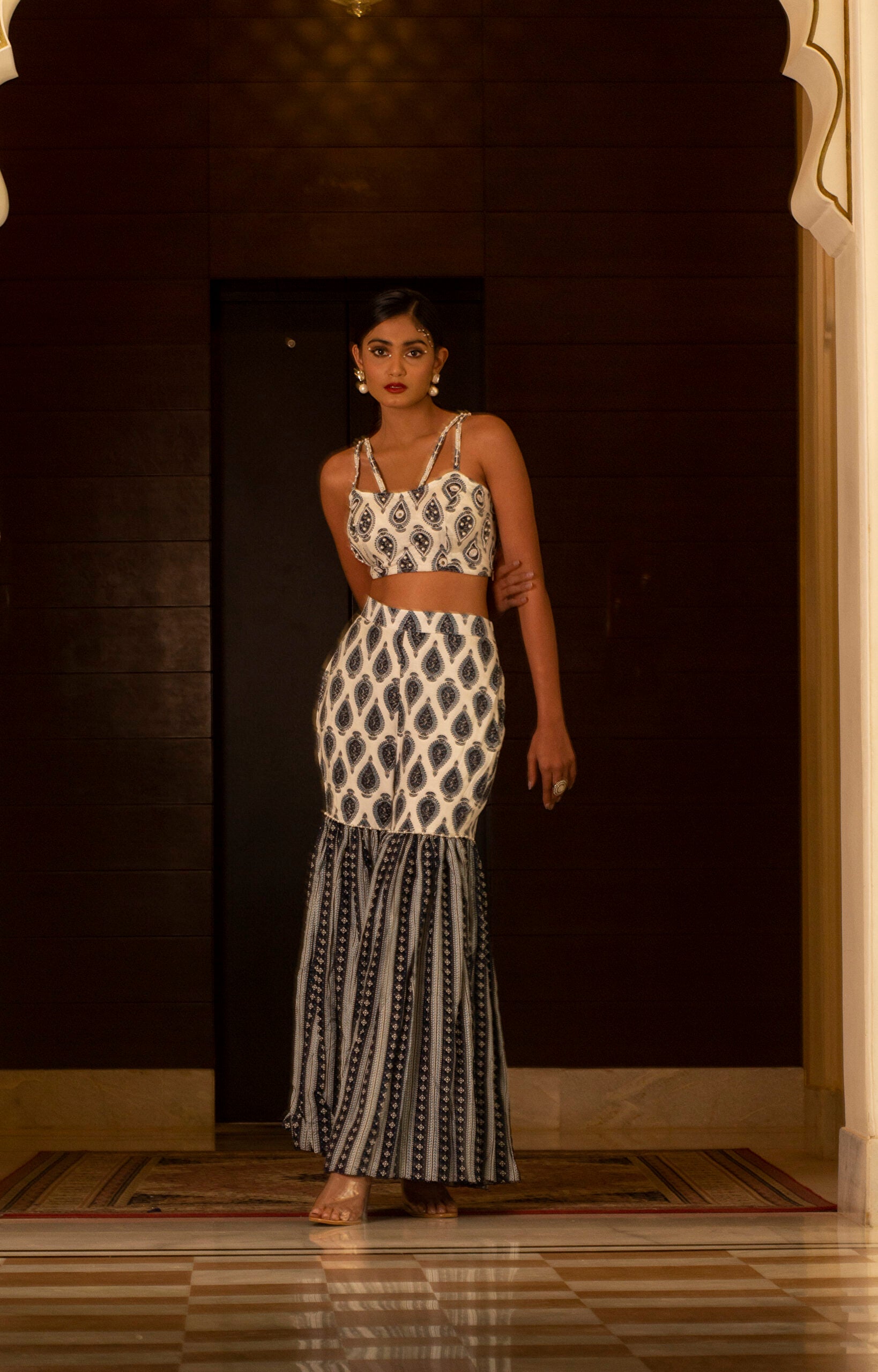 White and Blue Printed Sharara Set - M image