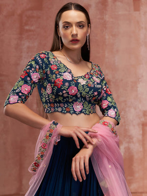 Peacock Blue Floral Lehenga Set image 1