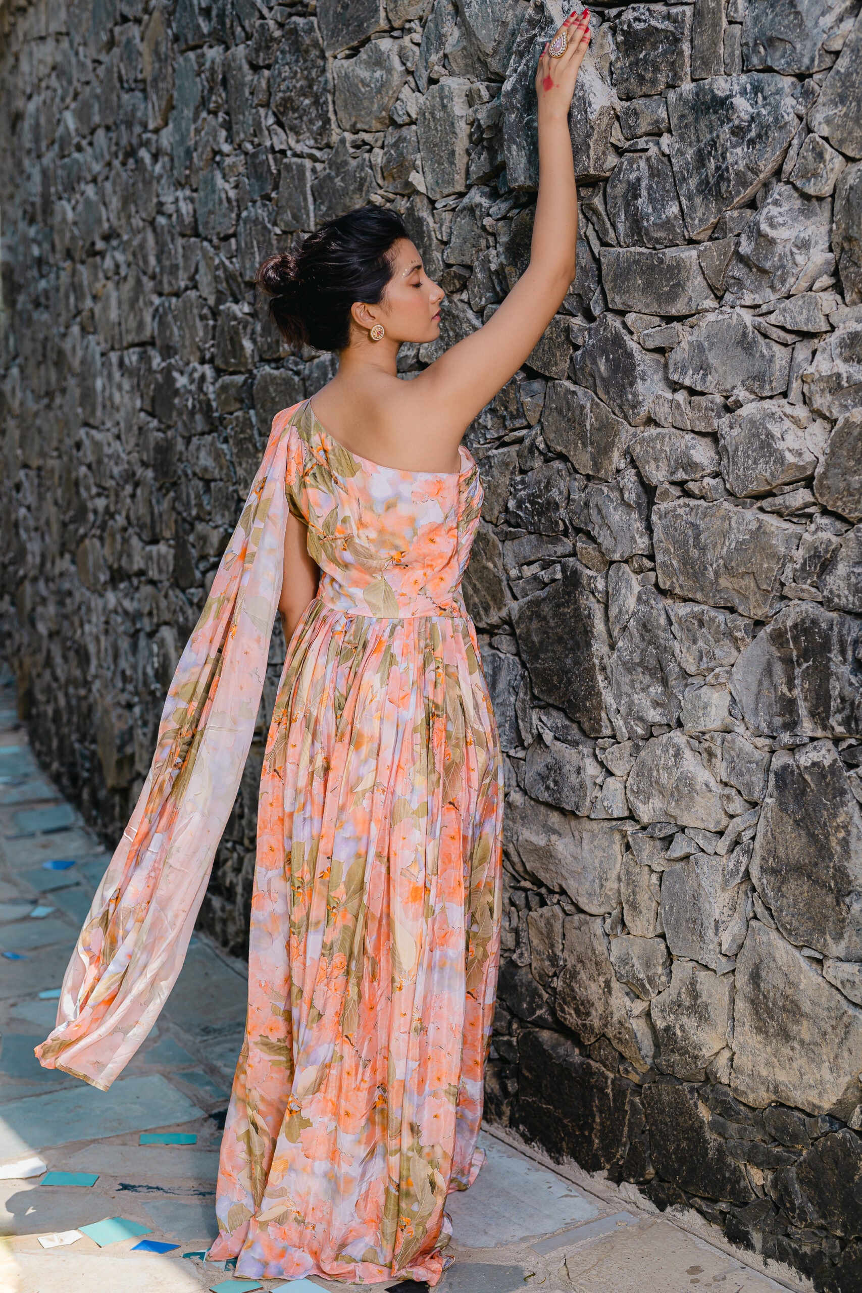 Coral Peach Printed &amp; Pleated Jumpsuit image 4